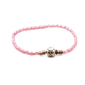 Pandora Pink Braided Leather Bracelet Sterling Silver Clasp 7 Inch Single Wrap